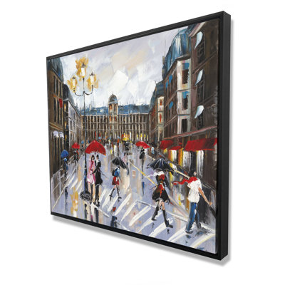 People Walking Across Street Rainy Day Framed Canvas | Decor