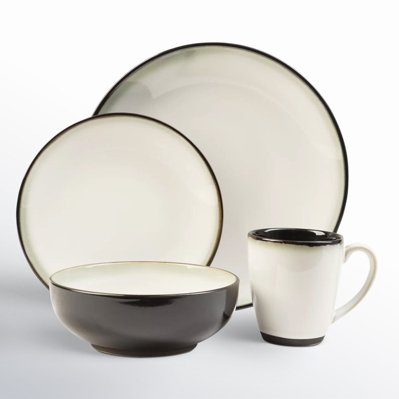 Ensemble 16 pièces de vaisselle en grès Sango Nova - Service pour 4, assiette, bol et tasse, Blanc / Noir