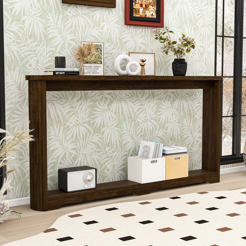 Modern Wooden Side Table with Wave Design – Narrow Hallway Table, Walnut