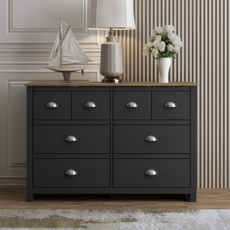 Bhure 6 Drawer 46.1'' W Double Dresser, Black/Knotty Oak