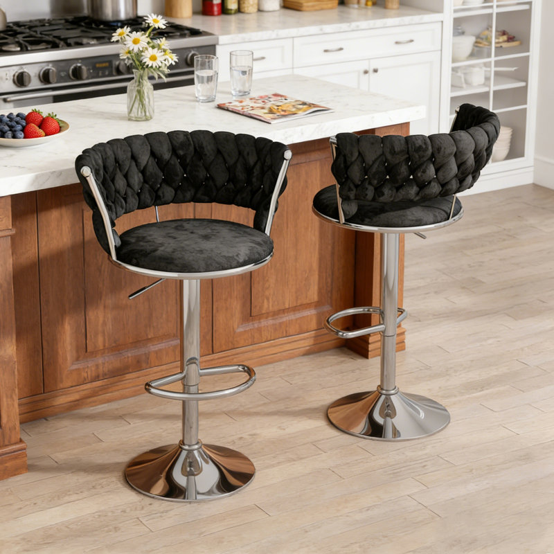Velvet Swivel Bar Stools Set Of 2, Adjustable Counter Height Barstools With Back & Footrest, Kitchen Island Stools, Upholstered Bar Chairs With 22"-30"  Adjustable Height For Dining Room, Restuarant, Bar