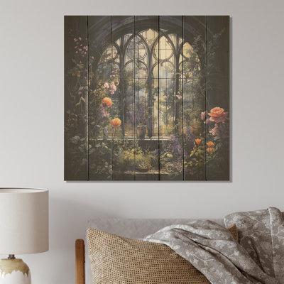«Floral Gothic Church Church View IV - Floral Window On Wood Print»