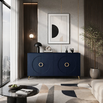 Buffet moderne à 4 portes, armoire de rangement en bois laqué avec tablettes réglables, pieds et poignées en métal pour la salle à manger, le salon et le vestibule