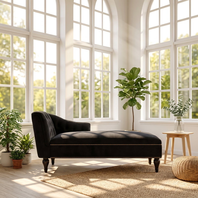 Chaise longue en velours capitonné à accoudoir droit l 58 po x P 26,5 po x H 28,6 po Everly