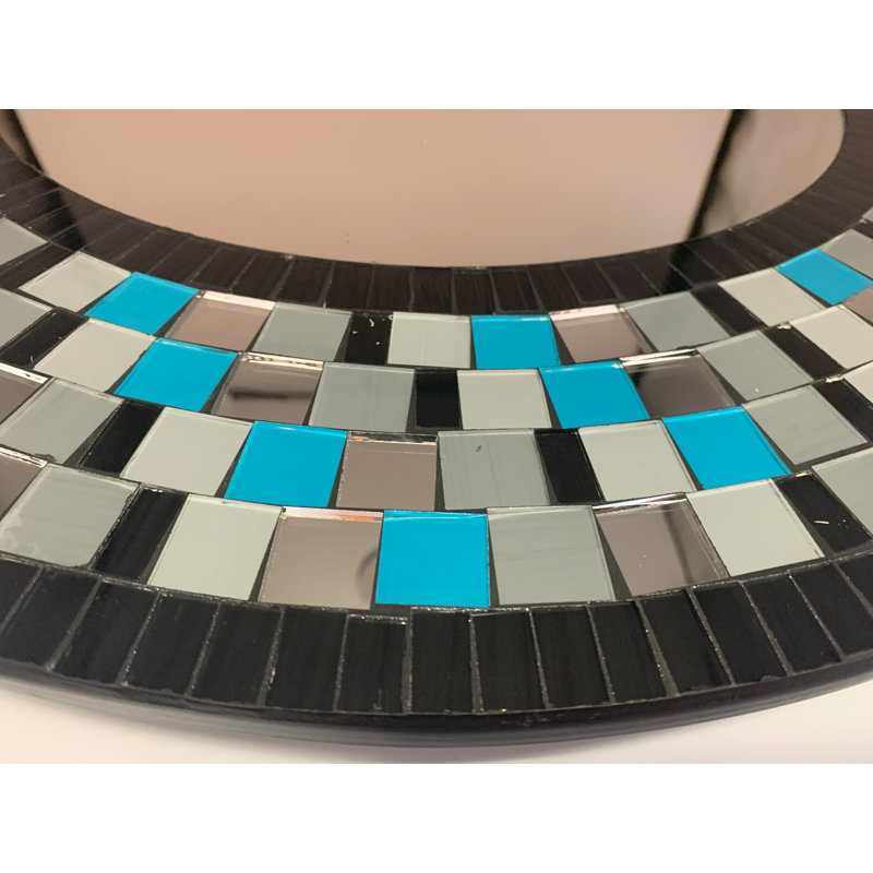 Onekama Mosaic Mirror, Wall Art Décor – Handcrafted Decorative Wall Mirror, Turquoise Blue, Grey, and Black Glass Mosaic Mirror, Large 24” Round Mirror