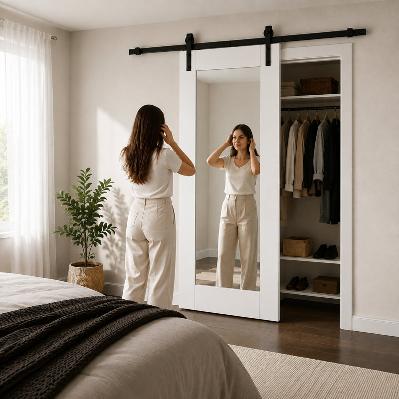 Porte de grange robuste Lucia 1299 Blanc Soie, rail de 2 m (6,6 pi), quincaillerie lourde, portes intérieures modernes à panneaux pleins - 107 cm x 244 cm (42 po x 96 po) - Miroir - Rail argenté