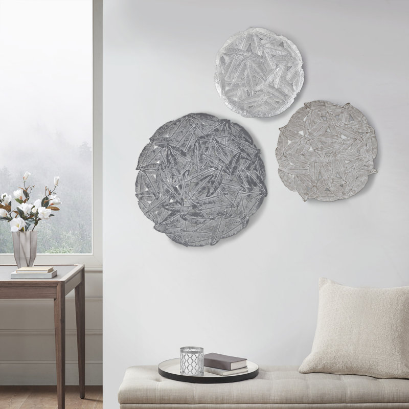 Textured Feather 3-piece Metal Disc Wall Décor Set, Gray