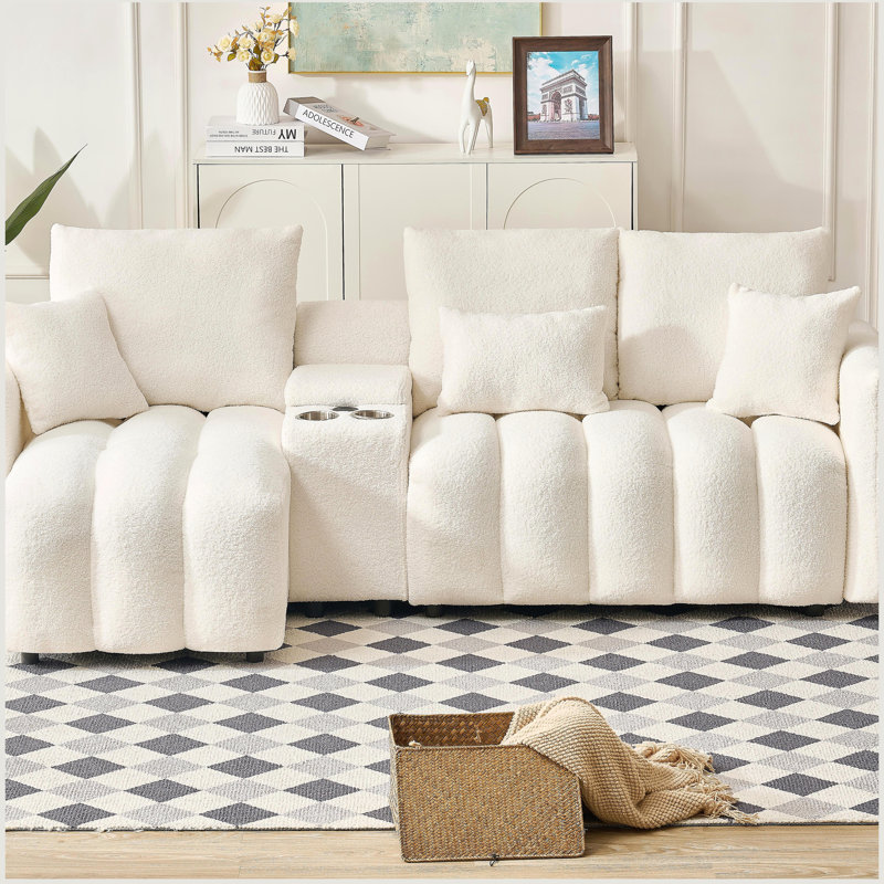 Large cushioned sofa, Teddy fabric corner sofa with USB port, suitable for living rooms