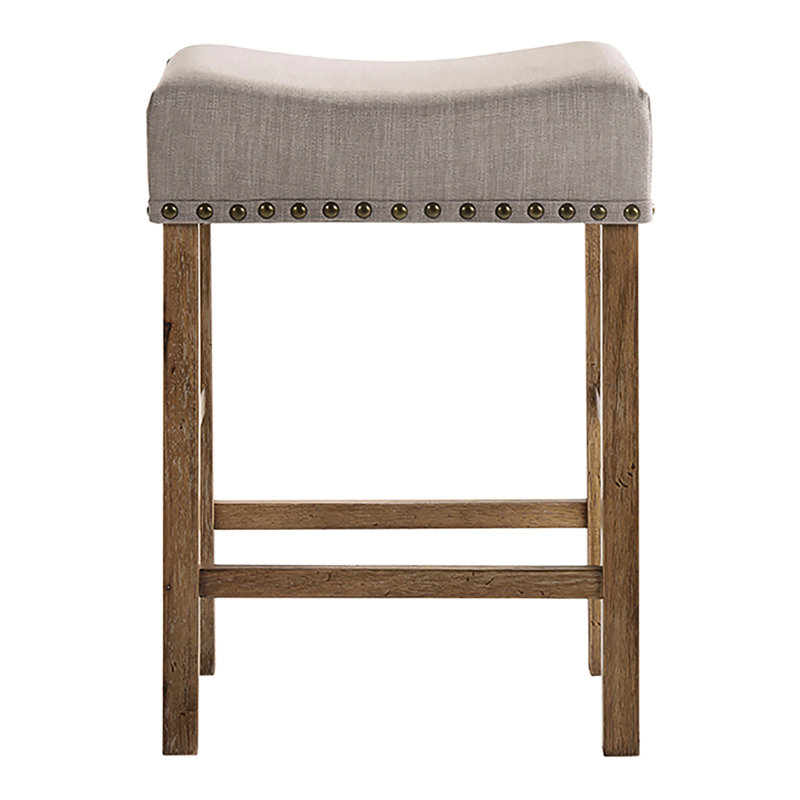 Backless Tan Linen Counter Stools - Rustic Grey Finish & Durability Upholstered Stool  2  Wood Modern Accents