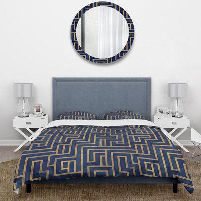 Ensemble de housse de couette Gold Blue Midcentury Maze I - Midcentury