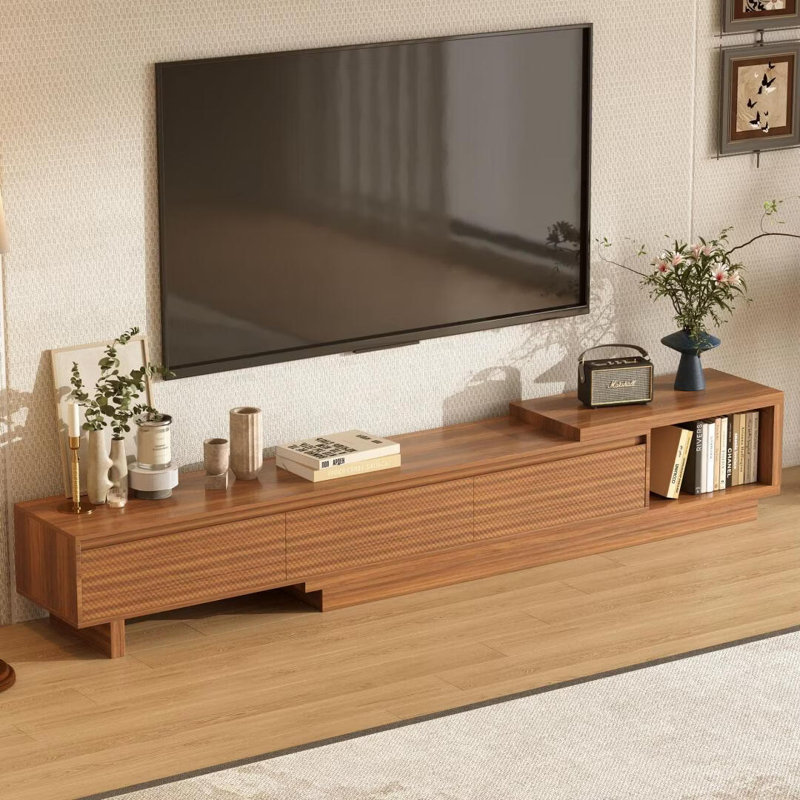 78.74" Asymmetrical Modern TV Stand for TVs up to 85", Tiered Walnut Media Console with 3 Drawers, Brown Wood