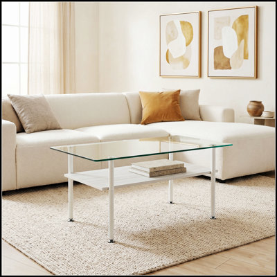 Ensemble de 3 tables basses et tables d'appoint modernes en verre trempé, pieds en métal et tablette en bois. Faciles à nettoyer et élégantes.