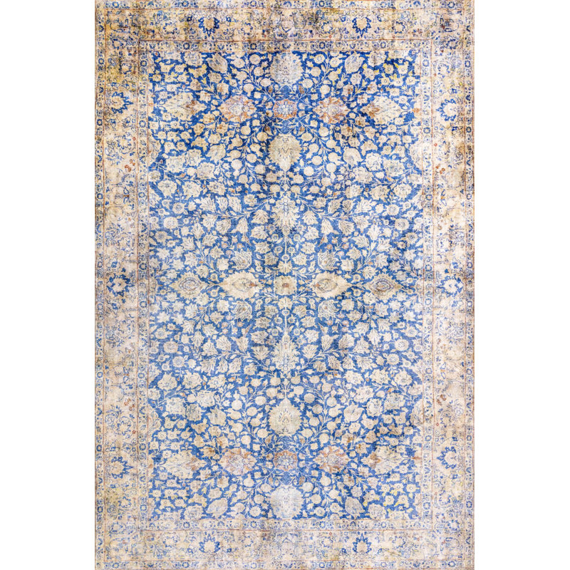 Tapis décoratif bleu en polyester oriental beige doux tissé à la machine, Rectangle 5 pi 3 po x 7 pi 7 po