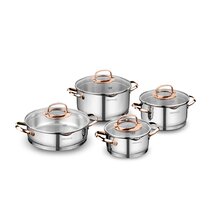 Korkmaz Nora Jr. Cookware Set with Tempered Glass Lids and Bakelite  Handles, 6-Piece Kitchen Polished Chef's Classic Stainless Steel Pots  Collection