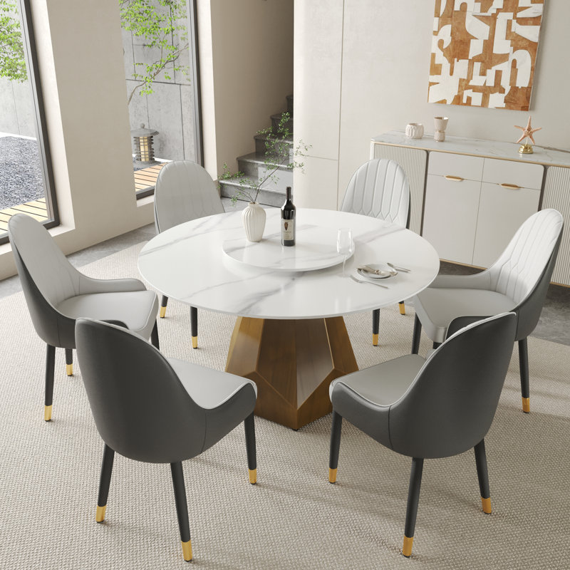 Round Sintered Stone Dining Table With Lazy Susan, 29.53" H x 53.15" L x 53.15" W, Snowy Mountains
