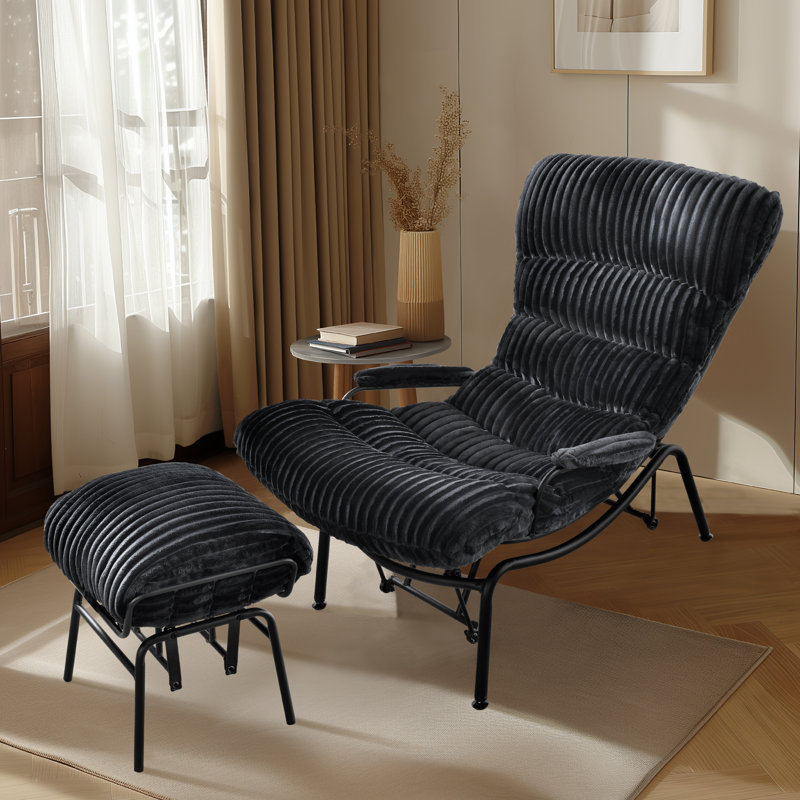 Brevick Upholstered Accent Chair with Ottoman, Black Corduroy