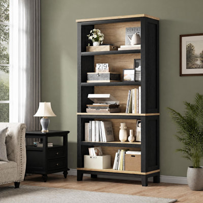 71" Farmhouse Bookcase, 5-Tier Tall Bookshelf with Adjustable Shelves & Wooden Legs for Living Room, Office & Library