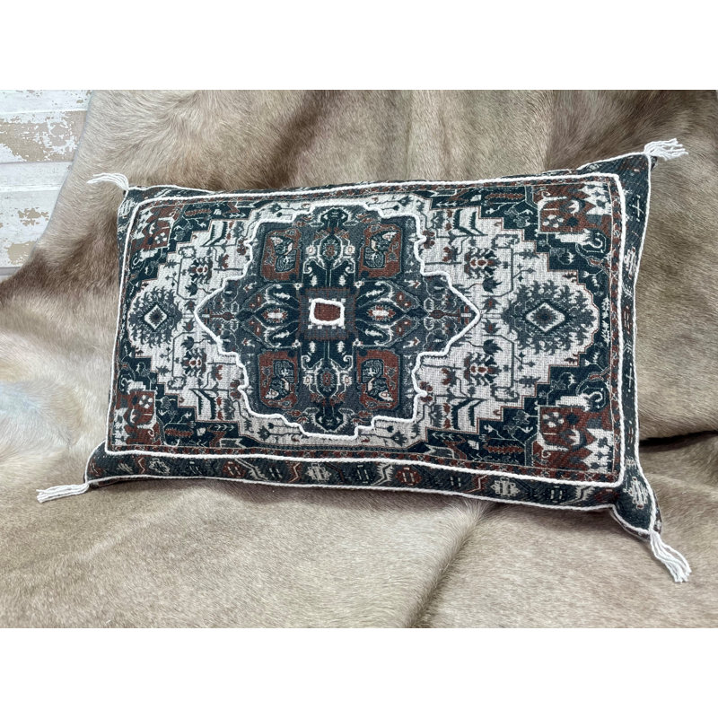 Coussin décoratif médaillon Kirman gris brun naturel 16 po x 25 po
