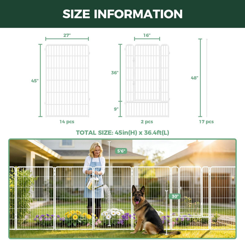 Clôture de jardin d'extérieur pour la cour FXW - H 45 po x L 36,4 pi (L), barrière en métal robuste pour chien, clôture pour chien sans creusage, 16 panneaux, blanc