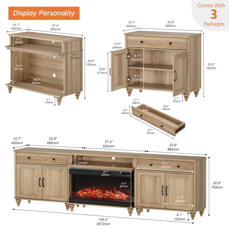 Scarlett Farmhouse TV Stand With 36" Electric Fireplace For Tvs Up To 100'', Home Entertainment Center With 8 Storages For 75/80/85/90 Inch TV