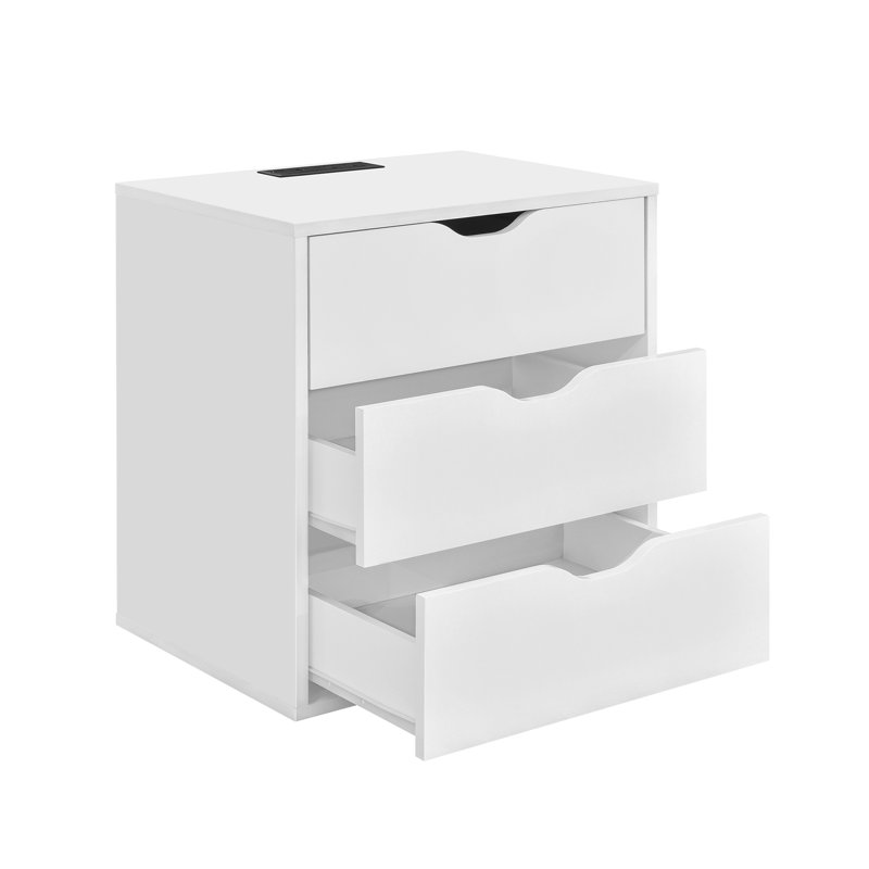 3 Drawer Nightstand With Charging Station，cutout Handles, Bedside Table With Storage Drawers For Bedroom, White
