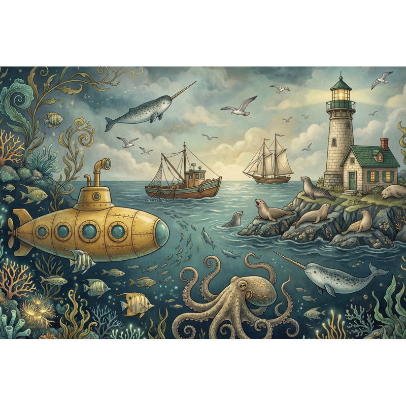 Papier peint sous-marin avec phare sous-marin, 100 po x 96 po, Non tissé