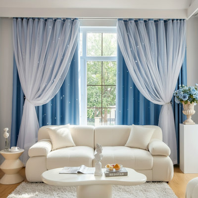 2 Panel Blue Romantic Curtains Luxury Double-layer Princess Sheer Curtains Hollow Stars Blackout Curtains Star Ins Gauze Curtains, 100x200cm/39.37x78.74in