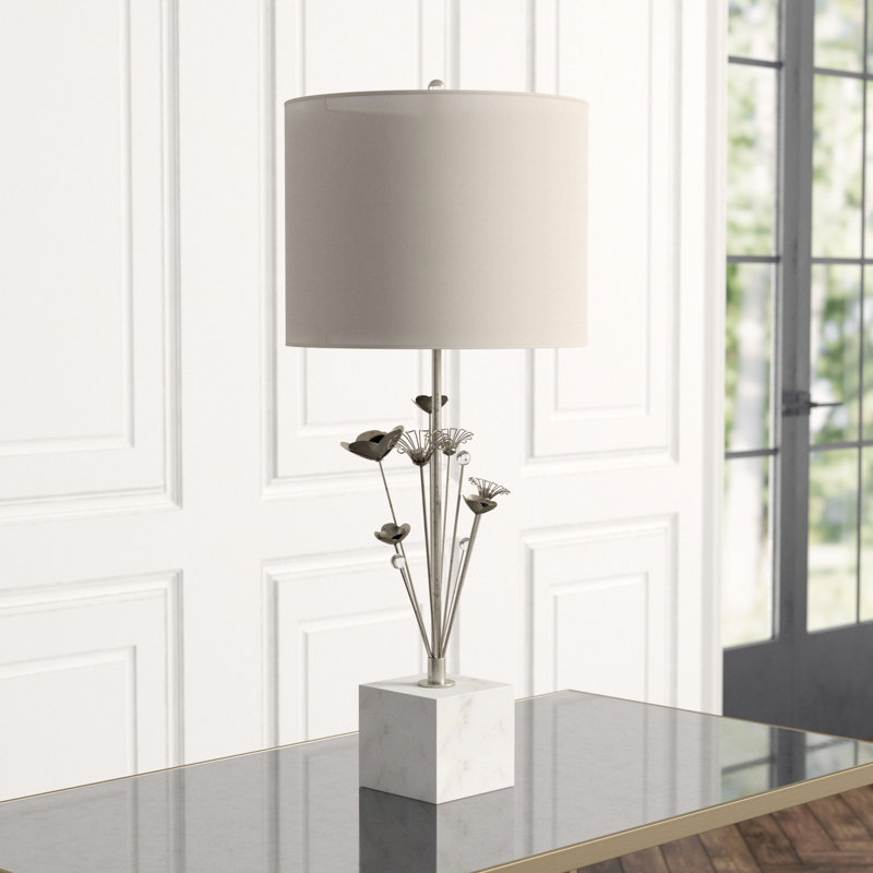Table Lamp, Burnished Silver Leaf/White Marble, Cream