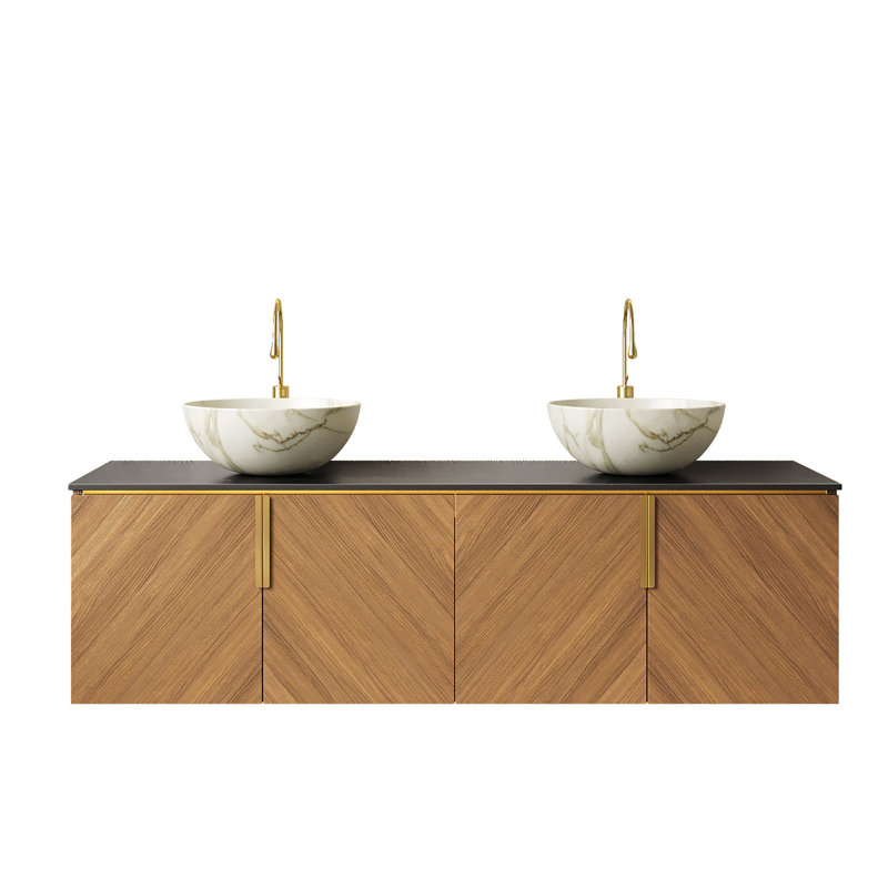 Meuble-lavabo de salle de bain 60 po ARAI, armoire de rangement flottante en contreplaqué avec 4 portes, 2 cuves en céramique avec motif en pierre et comptoir en pierre frittée noire, couleur grain de bois de chêne brun