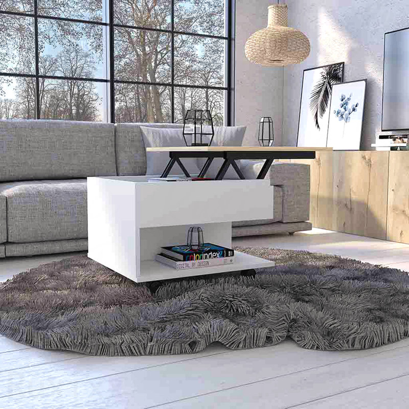 Table basse à plateau relevable avec roulettes Mercuri, Brun / Blanc