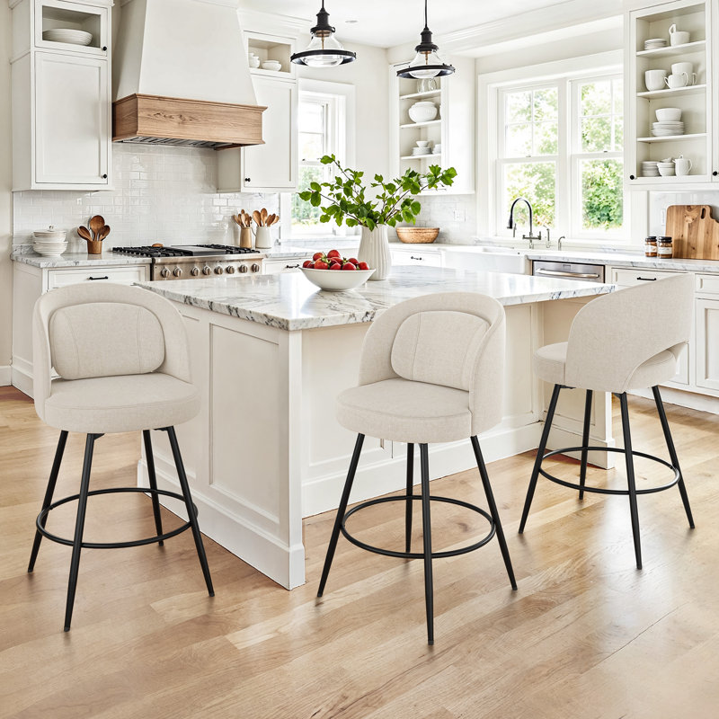 26''H Swivel Barstools With Metal Frame And Pillow, Linen Color-Chenile , 3