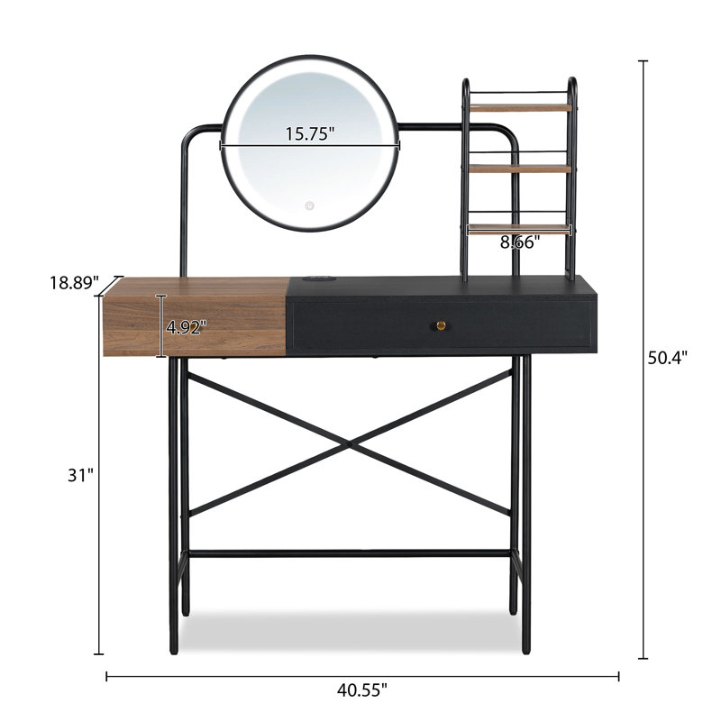 Meuble-lavabo de 40 po avec miroir lumineux à 3 modes et station de recharge sans fil, coiffeuse avec tiroir et 3 tablettes ouvertes pour le rangement de la beauté, coiffeuse pour chambre à coucher