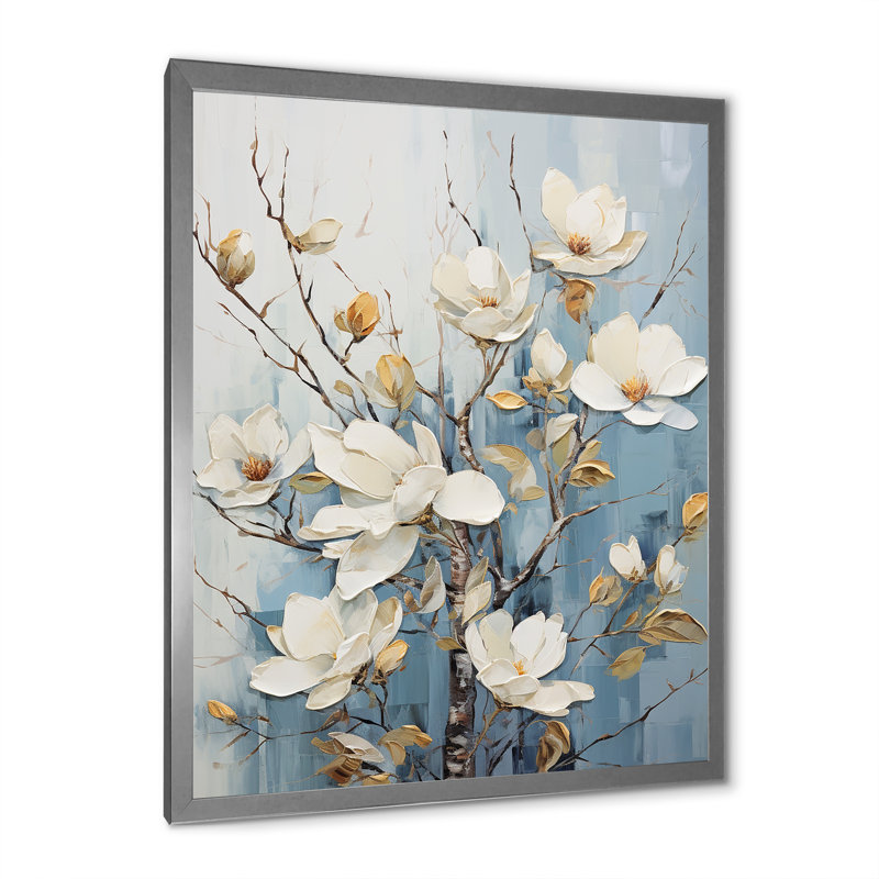«White and Blue Magnolia Blossom Beauty IV», reproduction sur toile, Cadre simple argenté, H 32 po x l 16 po x P 1 po