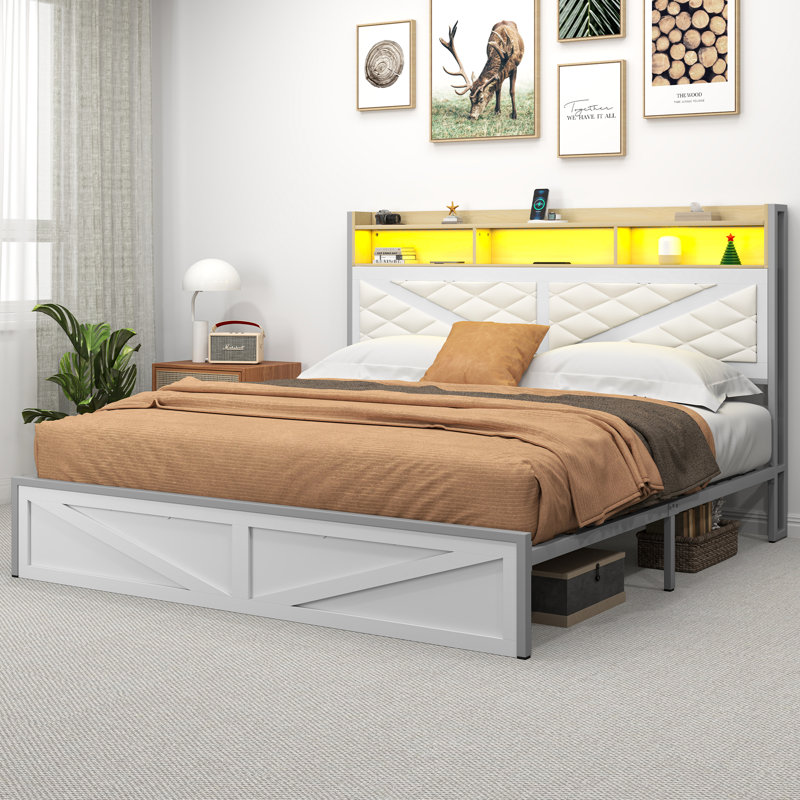 Upholstered Storage Platform Bed, Beige, King