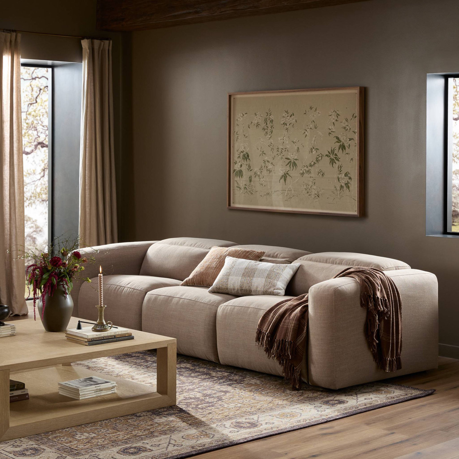 Amed 124" Genuine Leather Power Reclining Sofa, Crypton Nomad Taupe Polyester Blend