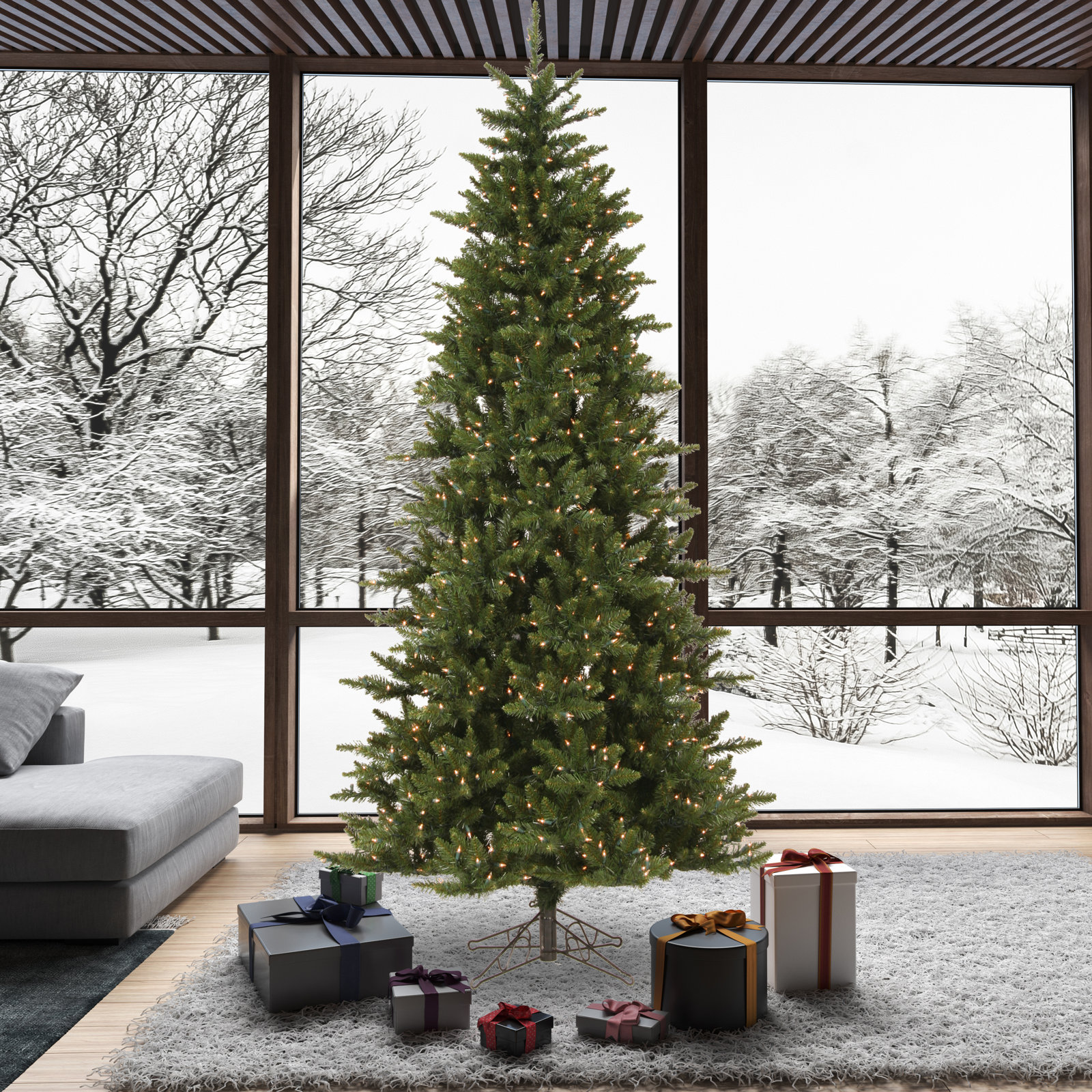 Peabody Fir Slim Artificial Christmas Tree, 12' H, Clear Lights, Pre-Lit