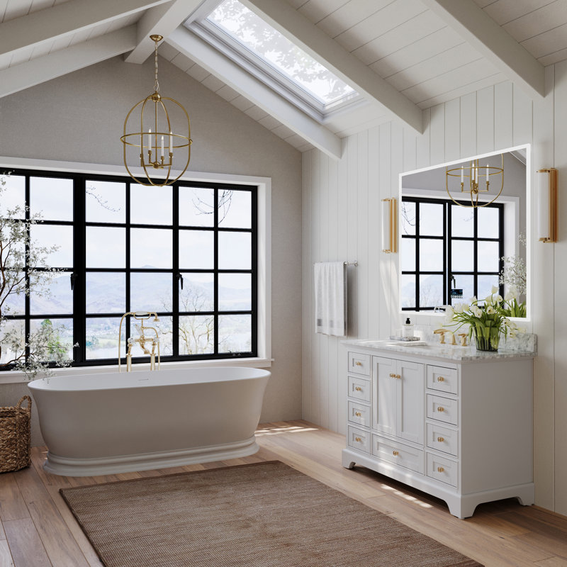 Audrey 48'' W Single Vanity, White/Brushed Gold, Carrara White Marble