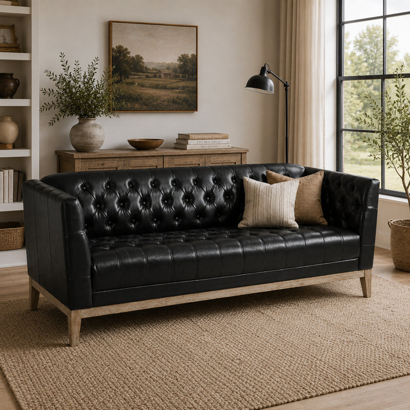 Canapé Chesterfield 79" en polyuréthane avec capitonnage à boutons pour salon vintage, Polyuréthane noir
