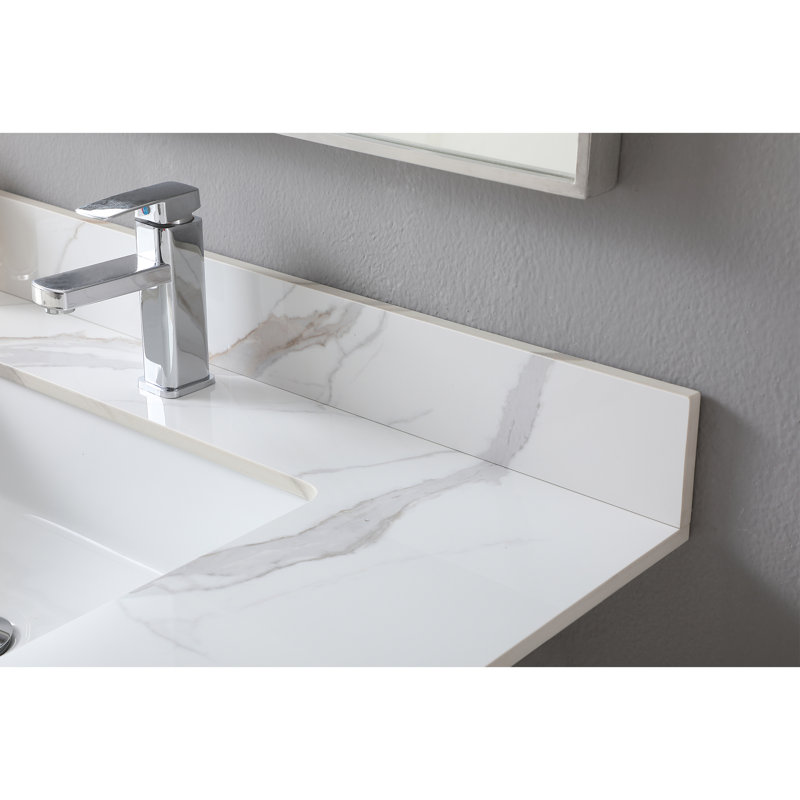 Montary 37Inch Bathroom Vanity Top Stone Carrara Gold New Style Tops With Rectangle Undermount Ceramic Sink And Single Faucet Hole