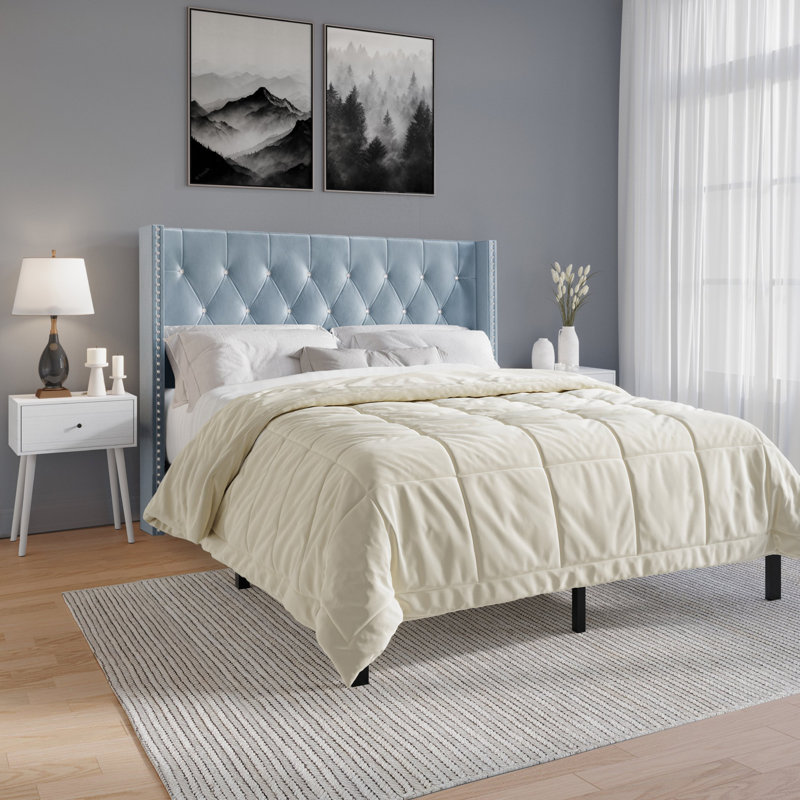 Eymi Velvet Upholstered Bed with 2 Nightstands, Light Blue, Queen