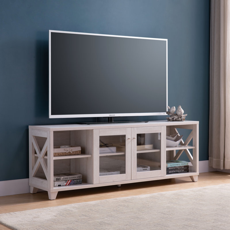Gracie Oaks TV Stand With Four Side Shelves And Center Transparent ...