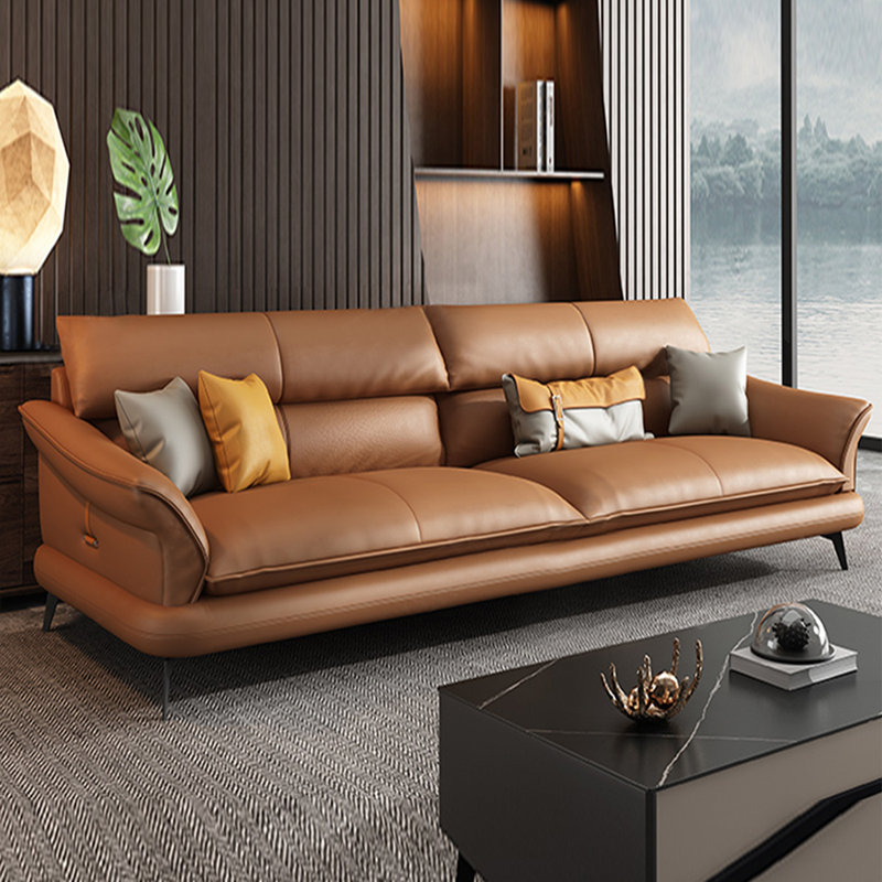 Causeuse coussin orange en cuir véritable, H 33,46 po x l 85,83 po x P 37,4 po, Orange