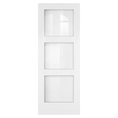 Panneau de porte intérieure en bois apprêté blanc Shaker à 3 carreaux avec verre trempé clair, 76,2 cm x 203,2 cm x 3,5 cm (30 po x 80 po x 1-3/8 po). L'emballage contient un panneau de porte.