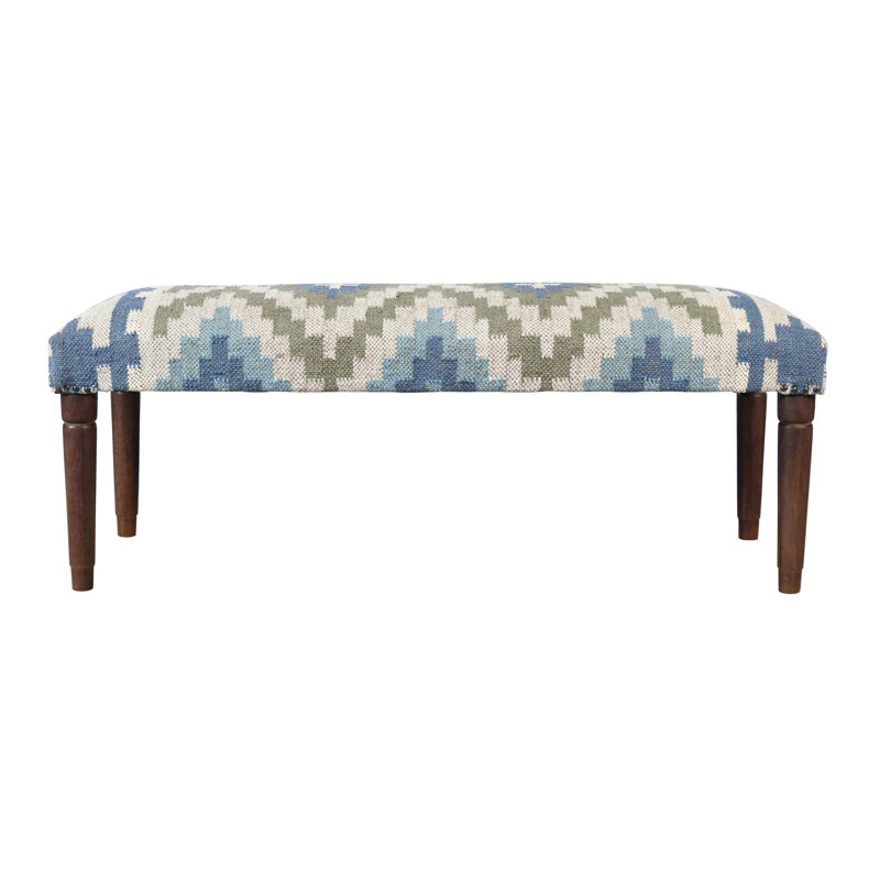 Sage Green / Blue Handmade Southwestern Jute & Wool Upholstered Entryway Bench