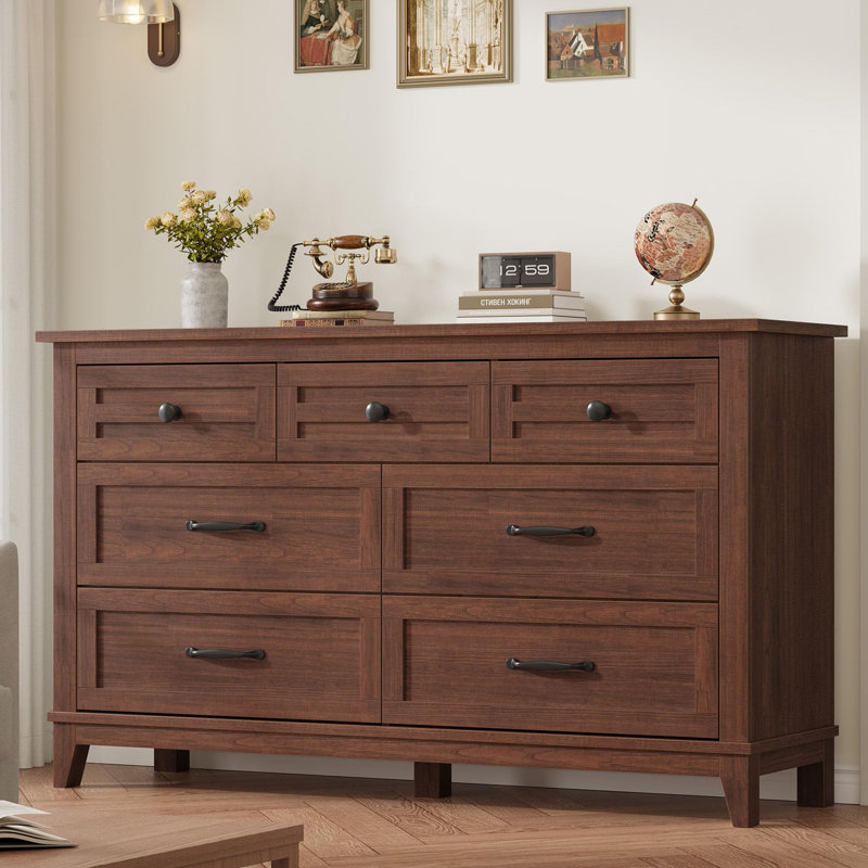 7 commodes pour la chambre à coucher, commode à tiroirs larges de 54 po avec rangement, commode en bois pour le salon, la chambre à coucher, le vestibule, noyer (2 colis)