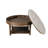 Large round ottoman coffee table in light grey, 2-tier design with button tufted top & wood storage shelf