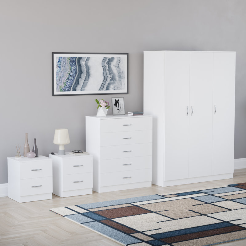 Tayce 4 Piece Bedroom Set (2 Drawer Bedside Chest X2, 5 Drawer Chest, 3 Door Wardrobe), White