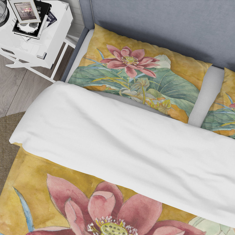 Impression rétro de lotus rose - ensemble de housse de couette traditionnel - microfibre de polyester