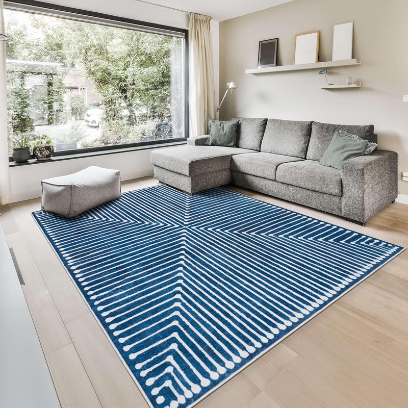 GLN Rugs Contemporary Collection - Machine Washable Modern Area Rug, Contemporary Washable Rug, Non Slip Area Rug, Abstract Living Room Rug, Bedroom Rug, Bathroom Rug (Blue Rug)