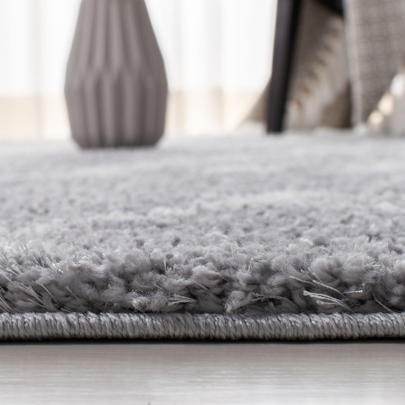 Gray Geometric Hand-knotted Shag Rug, 5' x 7'